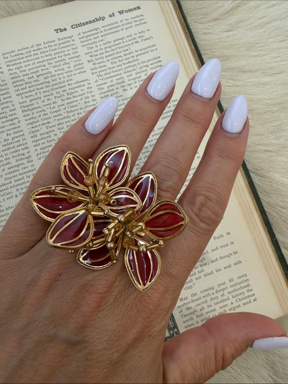Zara Gold and Pink Floral Double Finger Statement Ring.